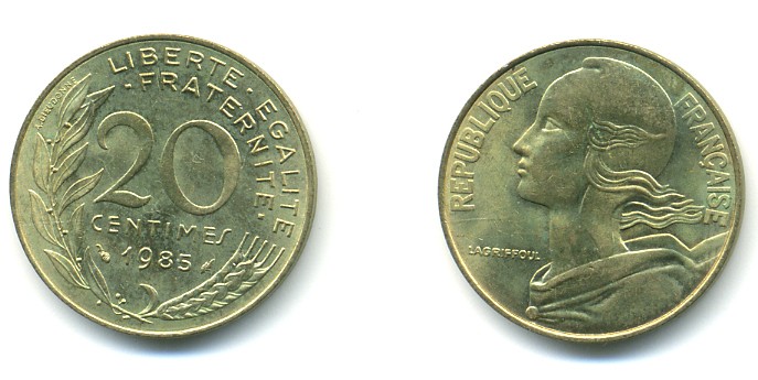 Франция 20 сантимов 1984 тип Marianne KM 930, Le Franс 156.24 медь алюминий никель 25-235