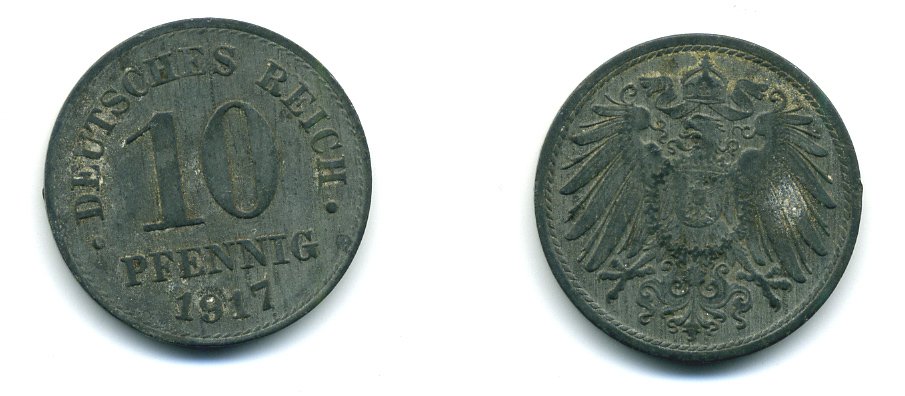 ГЕРМАНИЯ 10 ПФЕННИГОВ 1917 KM 26, J. 299 цинк 54-465