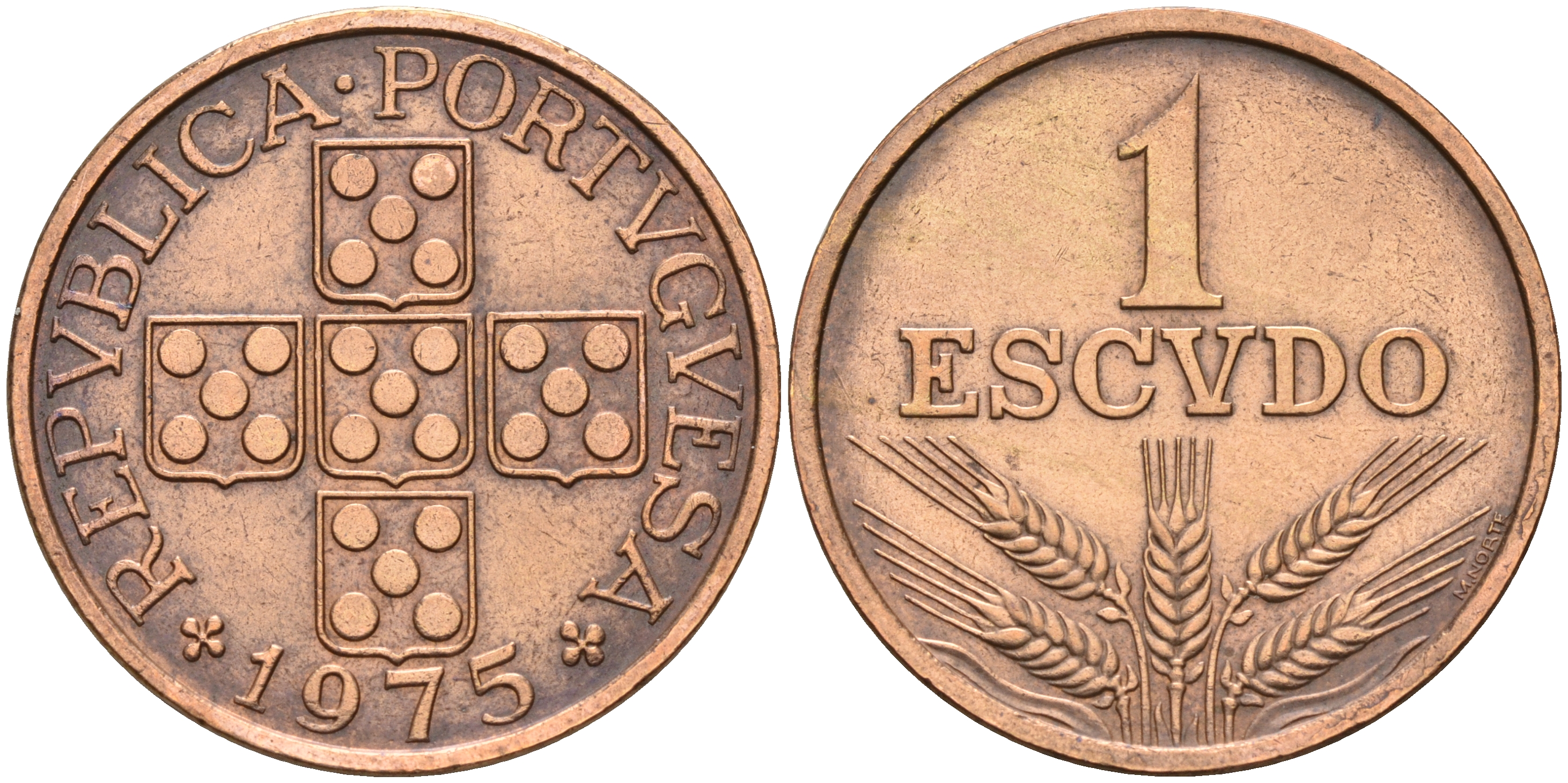 Португалия 1 эскудо 1975  KM 597 бронза    4161-733