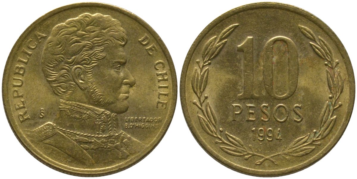 Чили 10 песо 1994 So KM 228.2, Schon 82 алюминиевая бронза aUNC 4544-542