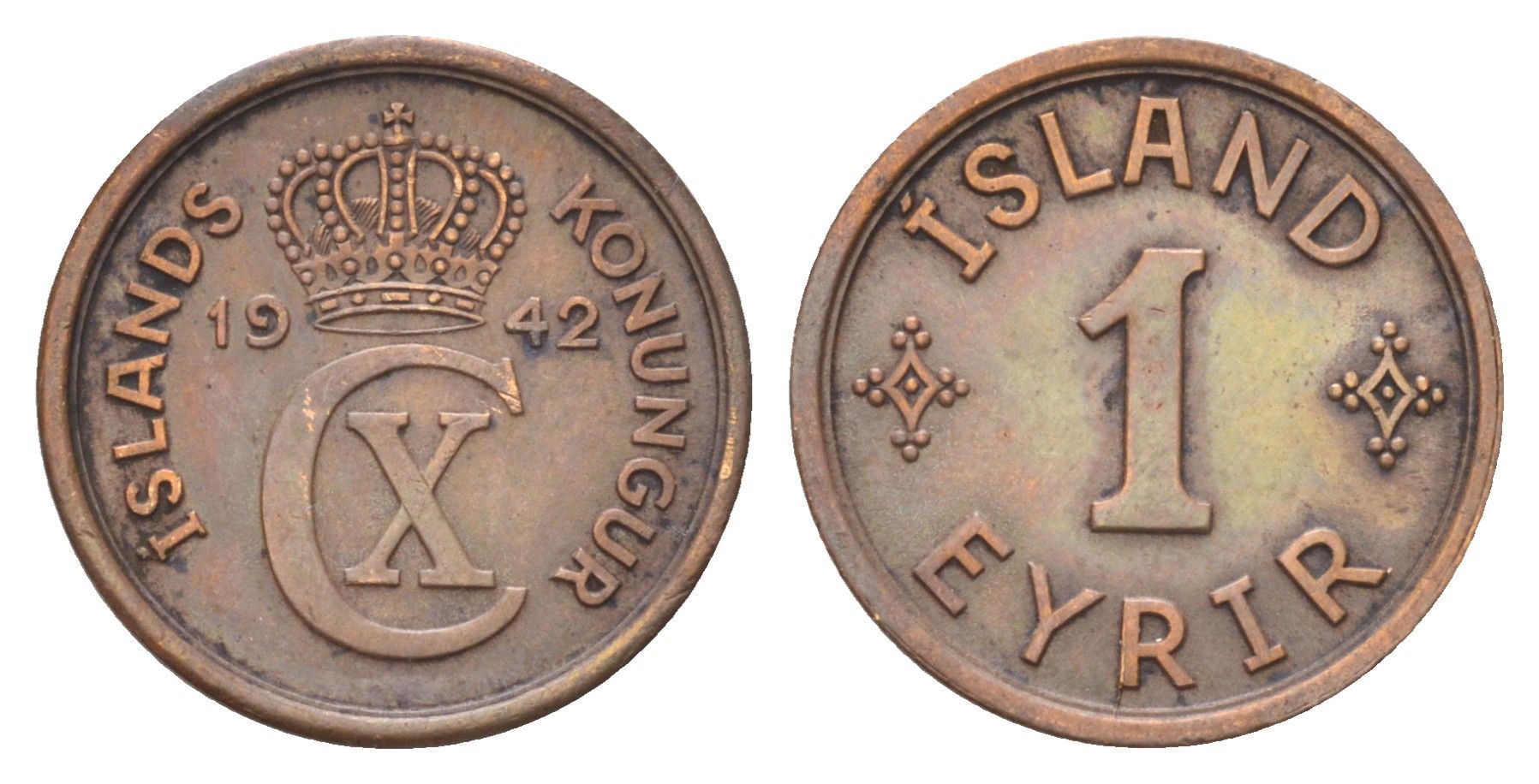 Исландия 1 эйре 1942 KM 5.2 бронза 4668-913