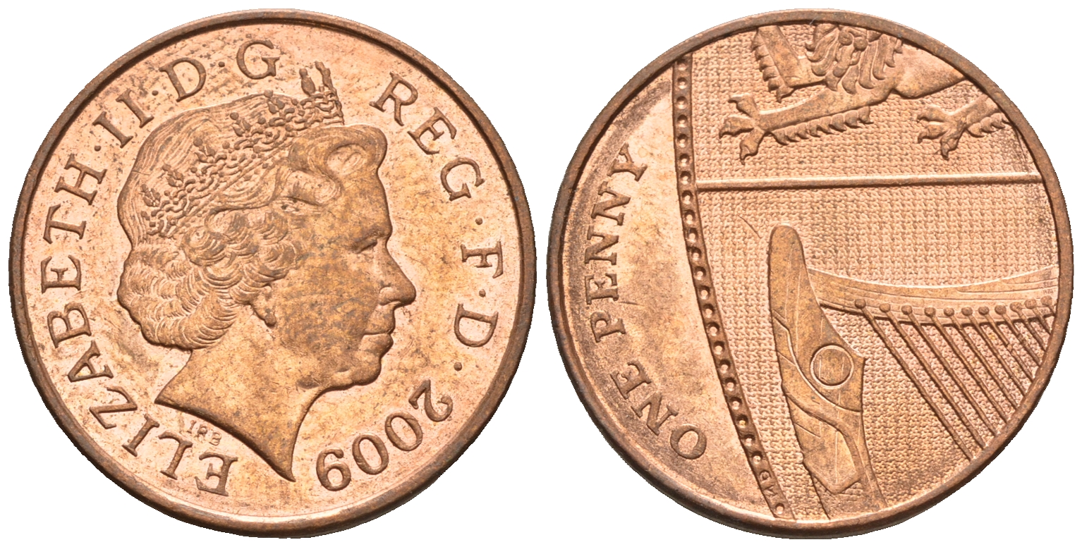 Великобритания 1 пенни 2009 Елизавета II (1952-2022) KM 1107, Spink B6 сталь плакированная медью 4609-656