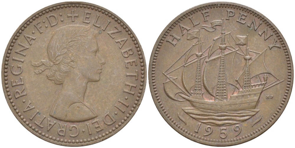 Великобритания 1/2 пенни 1959 Елизавета II (1952-2022) KM 896, Spink 4158 бронза 4544-116
