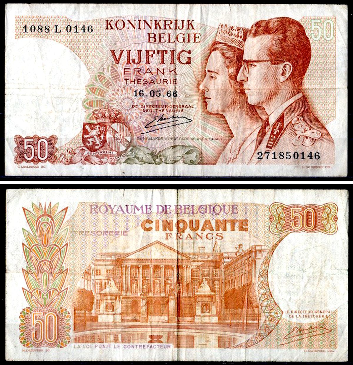 Бельгия 50 франков 1966 Pick 139 (3) бумага 6300-19-1-1