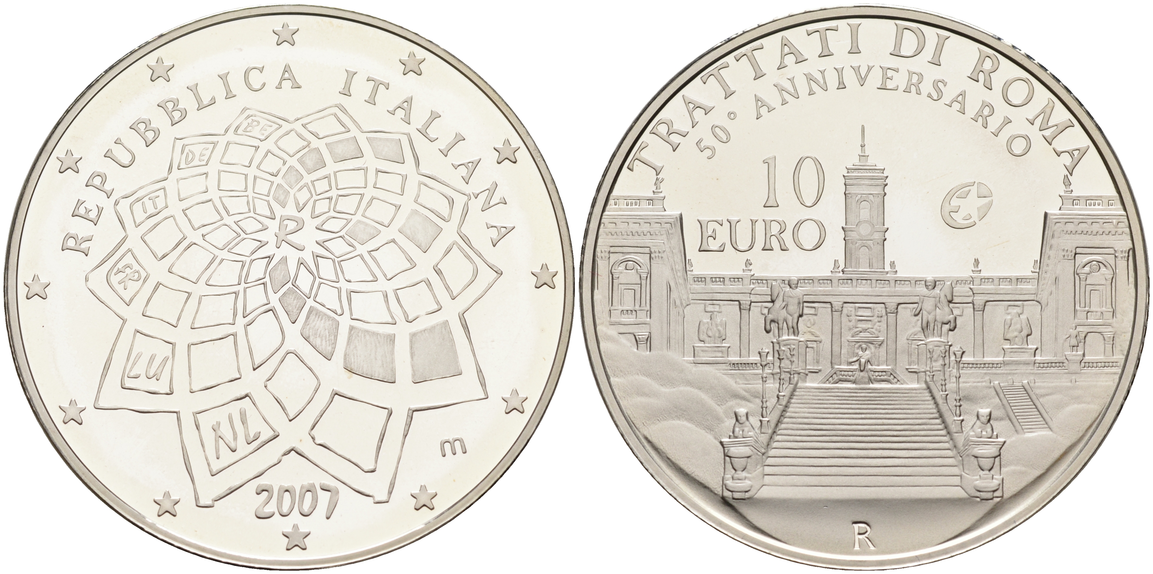 Италия 10 евро 2007 50 лет Римскому договору KM 295 серебро PROOF 06-281-21