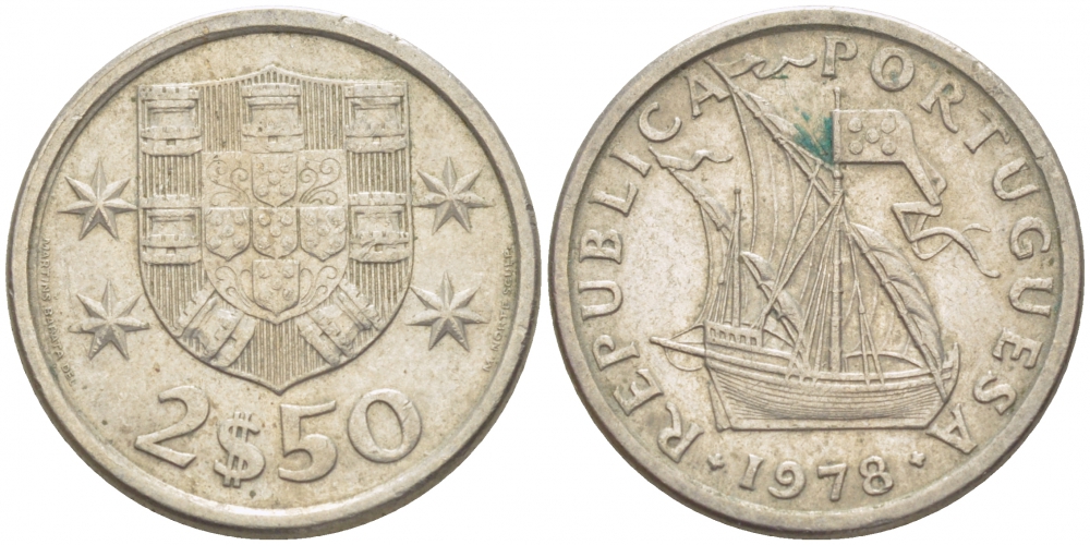 ПОРТУГАЛИЯ 2,5 ЭСКУДО 1978 ПАРУСНИК KM 590 медно-никель 3718-322