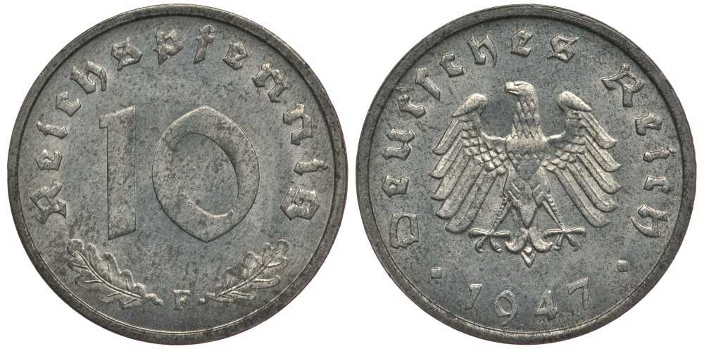 Германия 10 рейхспфеннигов 1947 F, оккупация Германии союзными войсками J. 375, KM A104 цинк UNC 4127-1221