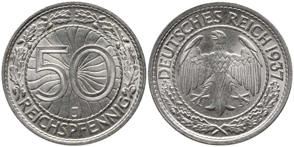 Германия 50 рейхспфеннигов 1937 J J. 324, KM 49 никель UNC 00-817-42