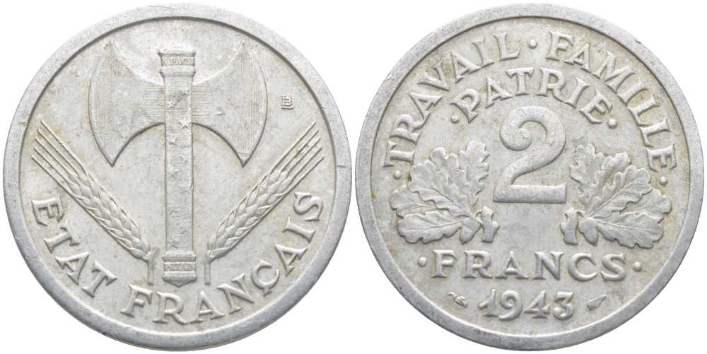 Франция 2 франка 1943 правительство Виши KM 904.1, LE FRANC 270.2 алюминий 109-1215