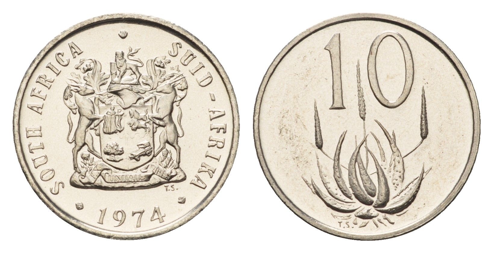 ЮАР 10 центов 1974 герб, цветок алоэ KM 85 никель PROOF 4685-768