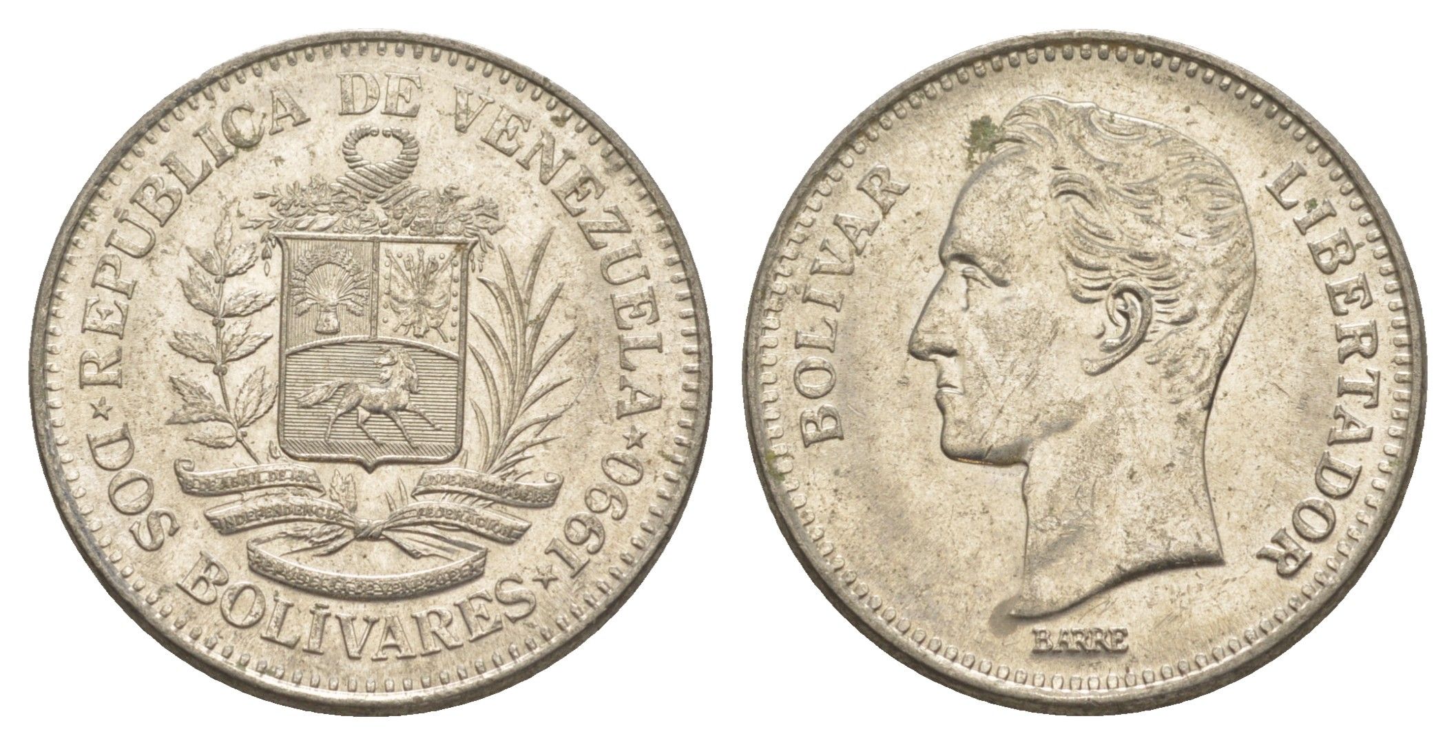 Венесуэла 2 боливара 1990 Симон Боливар Y 43a сталь плакированная никелем 4583-432