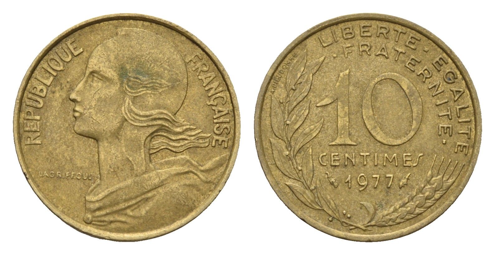 Франция 10 сантимов 1977 KM 929 алюминиевая бронза 188-1238