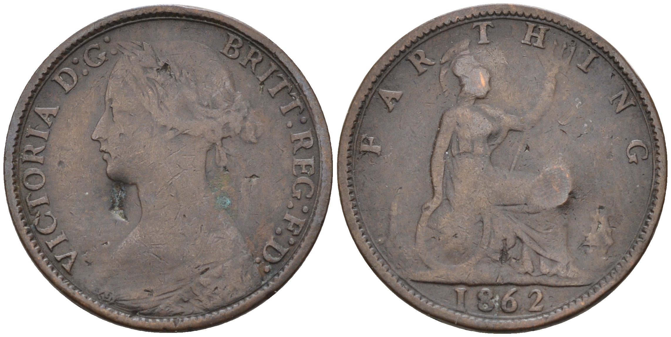 Великобритания 1 фартинг 1862 Виктория (1837-1901) KM 747.2, Spink 3958 бронза 4588-531