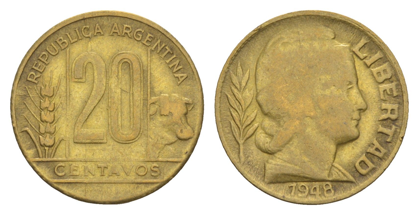 Аргентина 20 сентаво 1948 KM 42 алюминиевая бронза 4655-1025