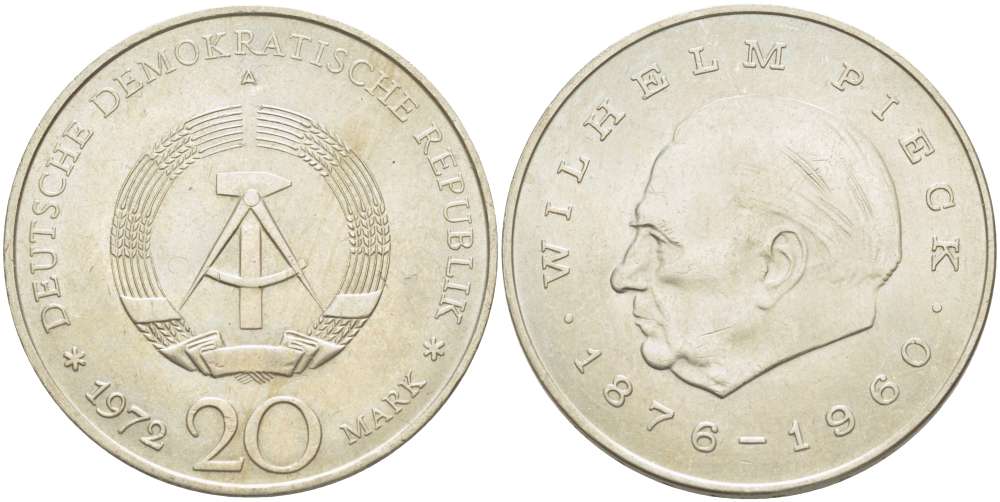 ГДР 20 марок 1972 А, Вильгельм Пик (1876-1960) KM 42 медно-никель 4521-444