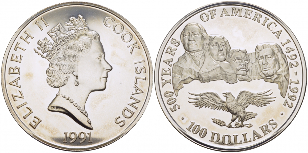 Острова Кука 100 долларов 1991 500 лет открытия Америки, мемориал президентов, 155 грамм KM 319 серебро PROOF 01-019-22-2