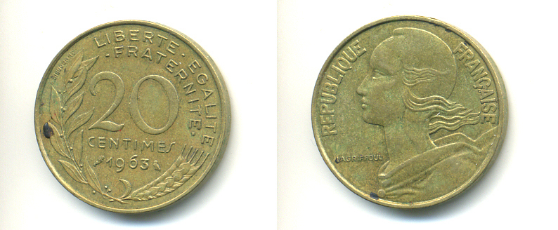 ФРАНЦИЯ 20 САНТИМОВ 1963 KM 930 медь алюминий никель 86-1733