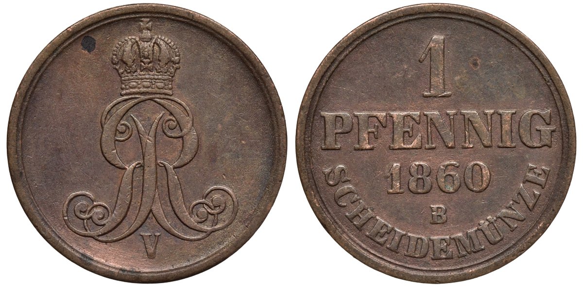 Ганновер 1 пфенниг 1860 B, Георг V KM 233, AKS 156, J. 90 медь 4594-211