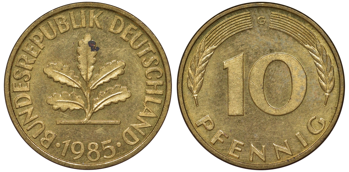 ФРГ 10 пфеннигов 1985 G KM 108, J. 383 сталь плакированная латунью 62-1225