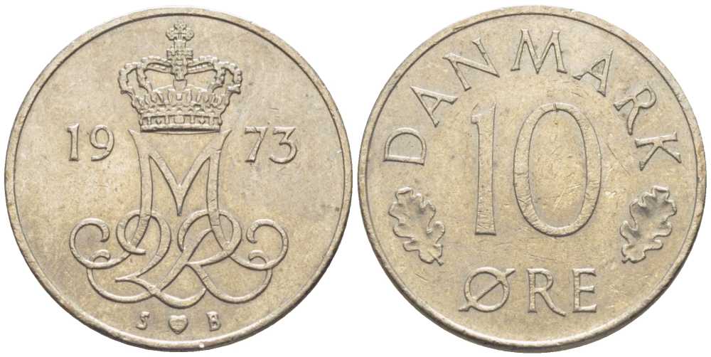 ДАНИЯ 10 ЭРЕ 1973 S; B, МАРГРЕТЕ II (1972-) KM 860.1 медно-никель 116-239