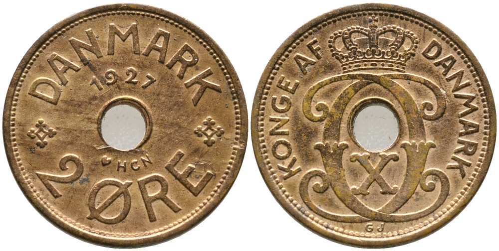ДАНИЯ 2 ЭРЕ 1927 HCN; GJ, КРИСТИАН X (1912-1947) KM 827.1 бронза 28-1024