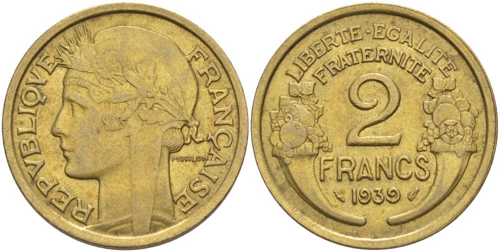 ФРАНЦИЯ 2 ФРАНКА 1939 ТИП MORLON KM 886, LE FRANC 268.12 алюминиевая бронза 3855-212