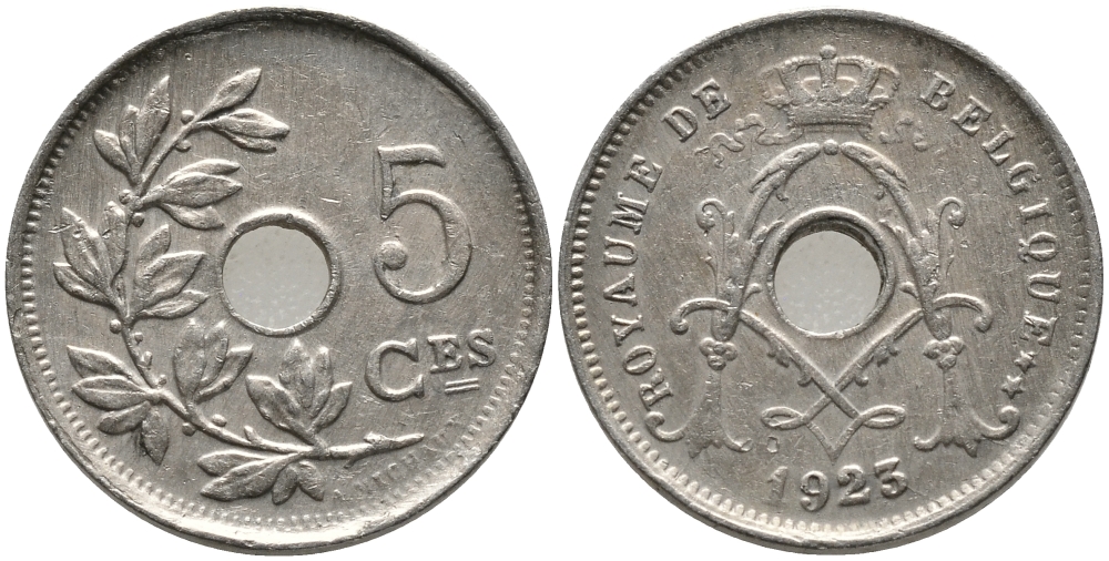 БЕЛЬГИЯ 5 САНТИМОВ 1923 BELGIQUE KM 66 медно-никель 76-568