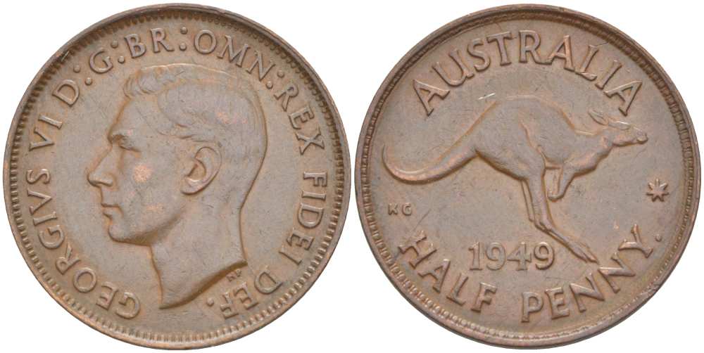 Австралия 1/2 пенни 1949 p, Георг VI (1936-1952), КЕНГУРУ KM 42 бронза 4514-832