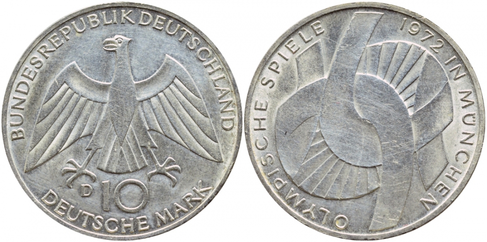 ФРГ 10 марок 1972 D, XX летние Олимпийские игры 1972 года в Мюнхене, символика KM 131, J.402 серебро UNC 1520-1433