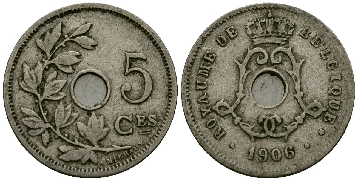 Бельгия 5 сантимов 1906 Belgique KM 54 медно-никель 4173-422