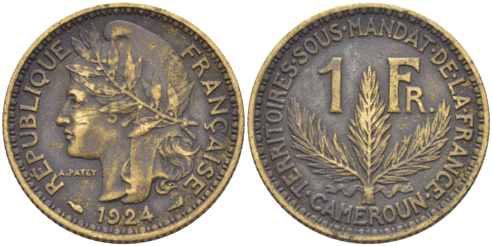 Французский Камерун 1 франк 1924 (а), монетный двор Париж KM 2 алюминиевая бронза 29-1243