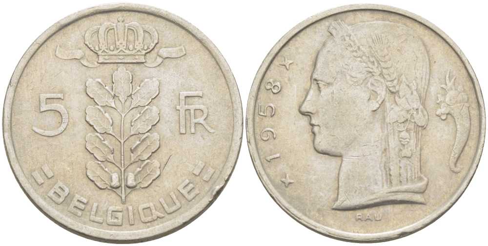 БЕЛЬГИЯ 5 ФРАНКОВ 1958 BELGIQUE, БОДУЭН I (1951-1993) KM 134.1 медно-никель 213-551