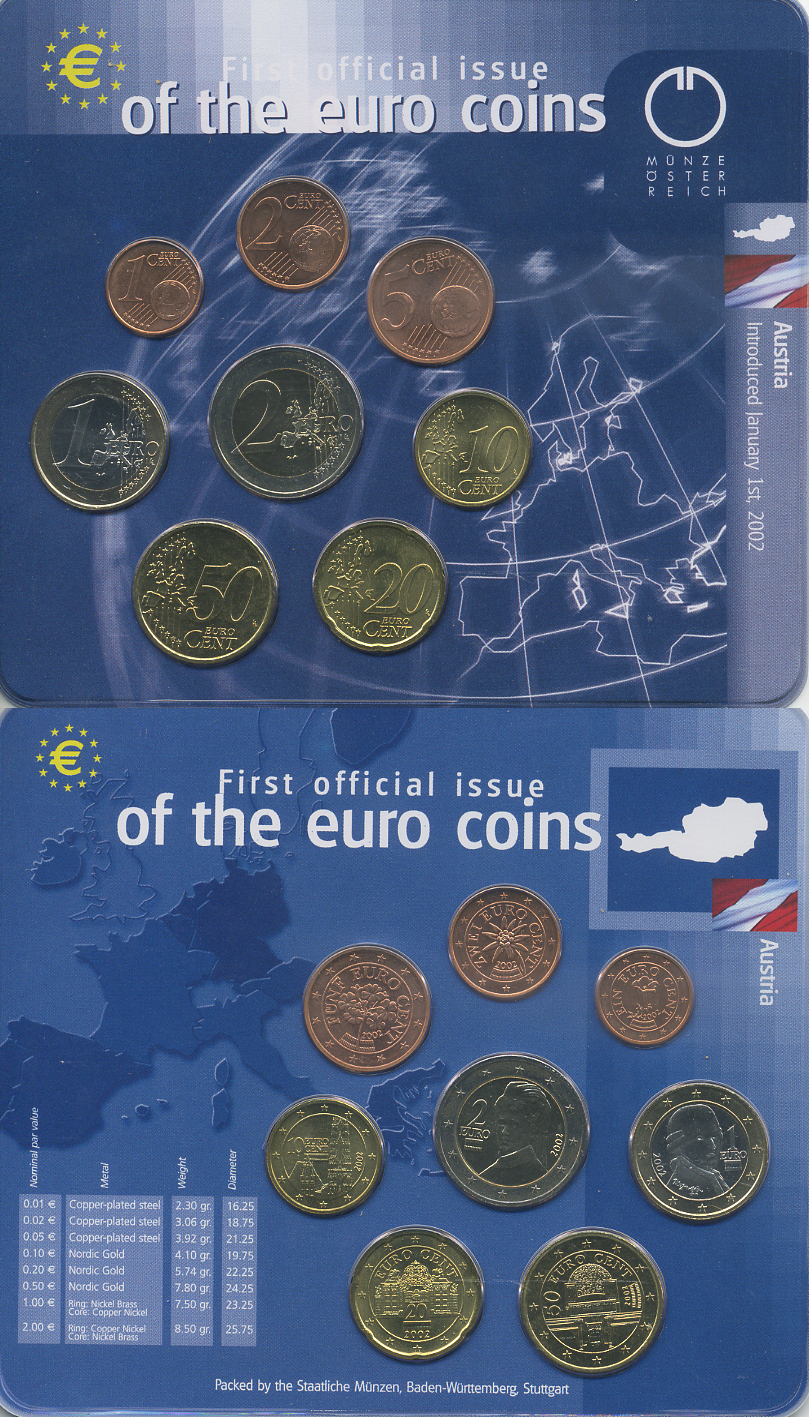 Австрия евронабор из 8 монет 2002 официальный выпуск в пластике    UNC  3897-4-1
