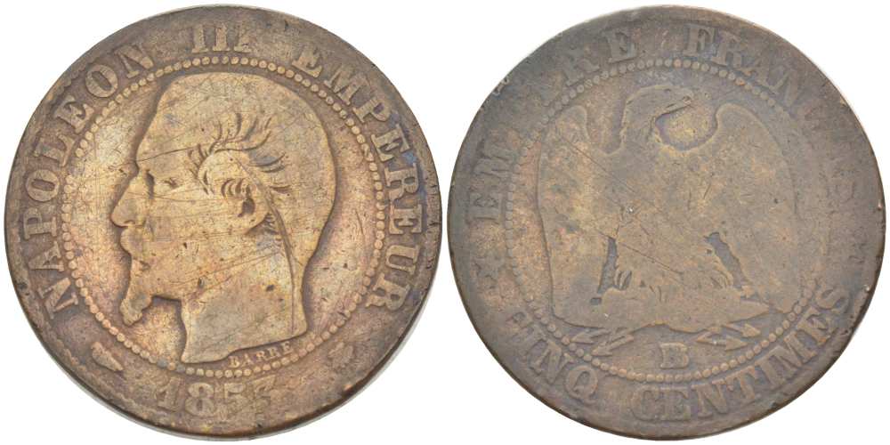 Франция 5 сантимов 1855 BB, Наполеон III (1852-1870) KM 777.3, LE FRANC 116.20 бронза 217-211