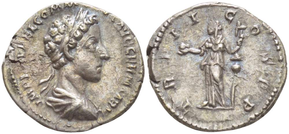 Римская Империя денарий 177 Коммод, IMP L AVREL COMMODVS AVG GERM SARM, бюст императора / TR P II COS P P, Фидея, персонификация Верности, Рим, 3,29 гр RIC 638 серебро 1073-18-96