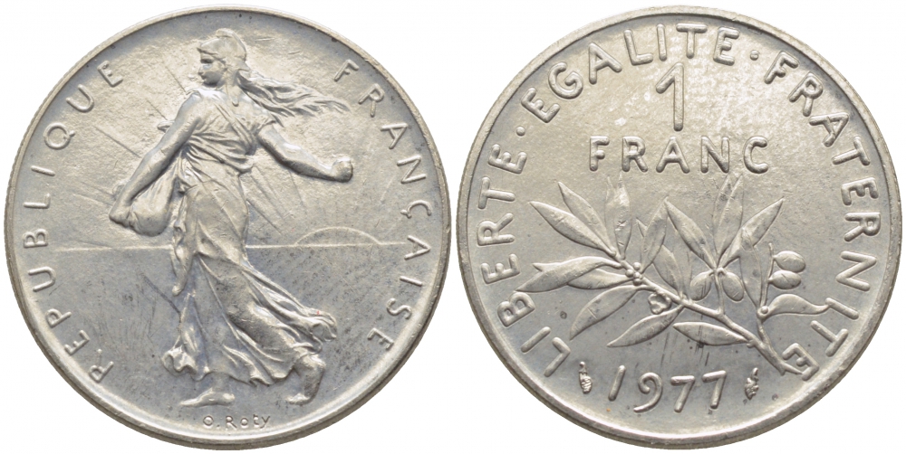 ФРАНЦИЯ 1 ФРАНК 1977 СЕЯТЕЛЬ KM 925.1, LE FRANC 226.22 никель 3856-747