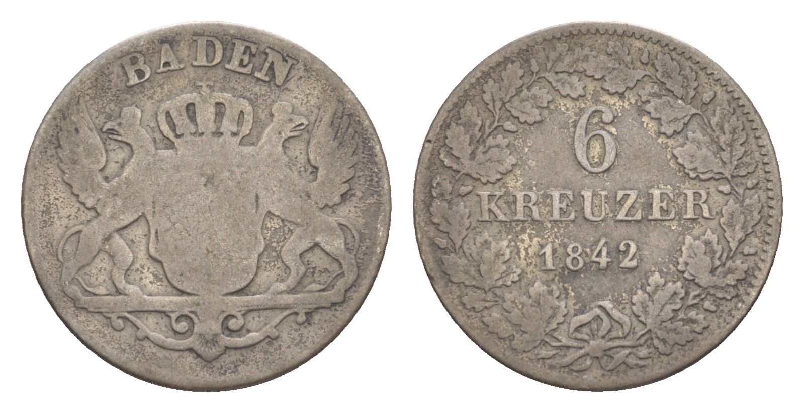 Баден 6 крейцеров 1842 Леопольд (1830-1852) KM 210 серебро 4604-1042
