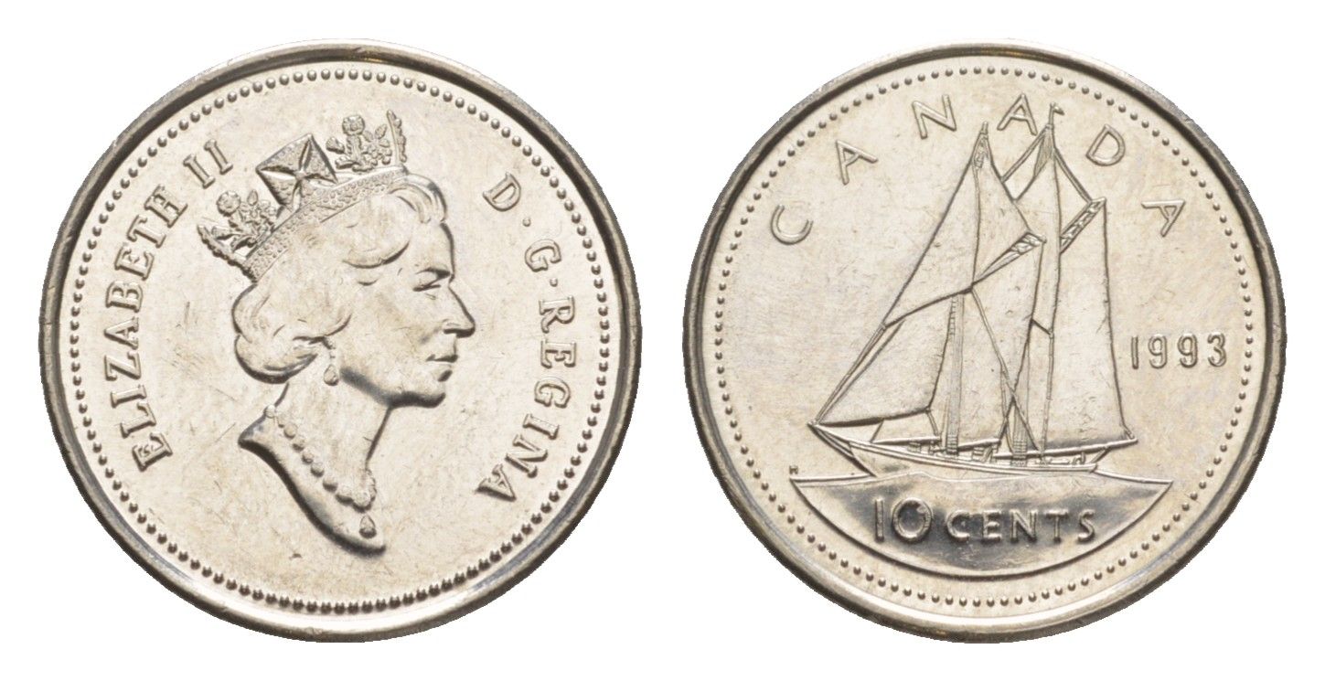 Канада 10 центов 1993 Елизавета II (1952-2022), парусник KM 183 никель UNC 4636-637
