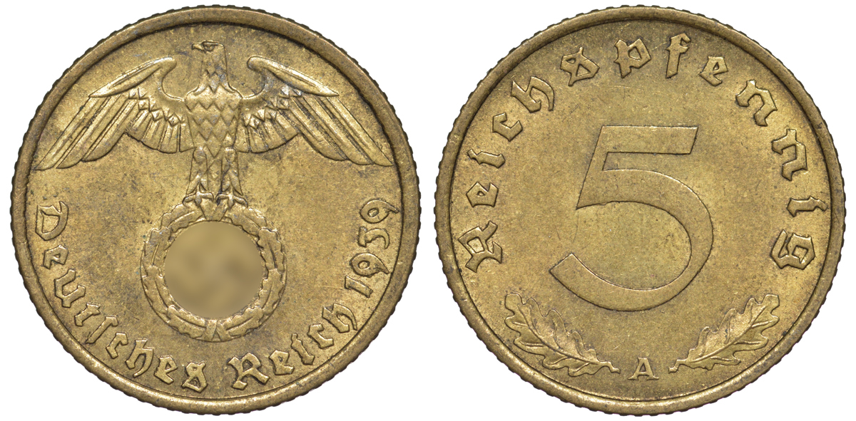 Германия 5 рейхспфеннигов 1939 A KM 91, J. 363 алюминиевая бронза 4602-1261