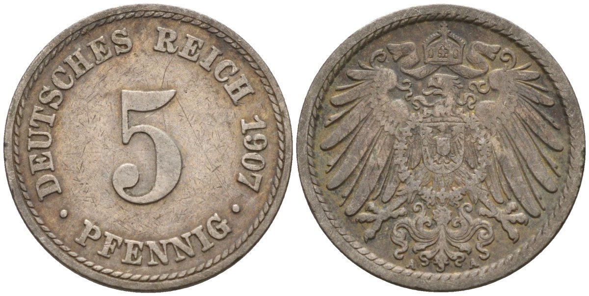 Германия 5 пфеннигов 1907 A KM 11, J. 12 медно-никель 4151-459