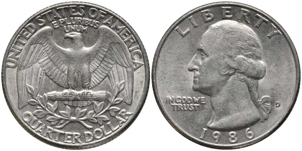 США 25 ЦЕНТОВ = КВОТЕР 1986 D, ВАШИНГТОН KM А164а медь плакированная медно-никелем 113-522