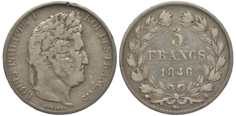 Франция 5 франков 1846 А, Луи Филипп I (1830-1848) LE FRANC 325.10 KM 749.1 серебро 1516-1631