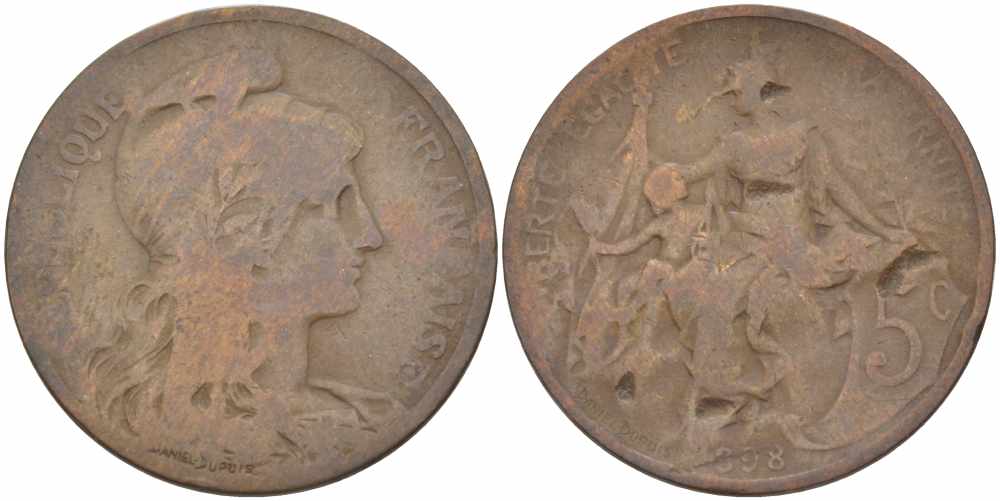 ФРАНЦИЯ 5 САНТИМОВ 1898 ТИП ДАНИЭЛЬ ДЮПЮИ KM 842, LE FRANC 119.5 бронза 108-743