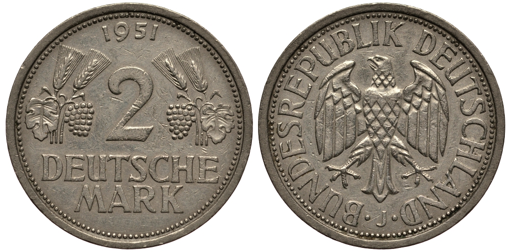 ФРГ 2 марки 1951 J J 386, KM 111 медно-никель плакированный никелем 413-4814