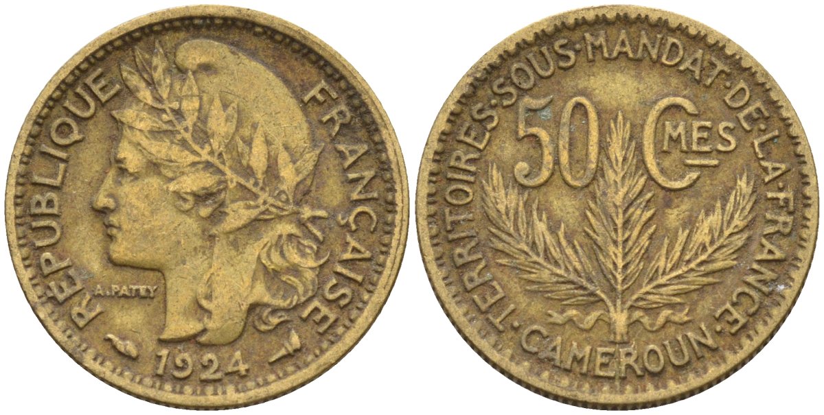 Французский Камерун 50 сантимов 1924 (а), монетный двор Париж KM 1 алюминиевая бронза 4164-1164