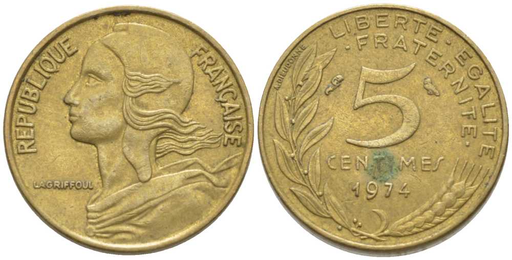 ФРАНЦИЯ 5 САНТИМОВ 1974 ТИП MARIANNE KM 933, LE FRANC 125.10 алюминиевая бронза 116-443