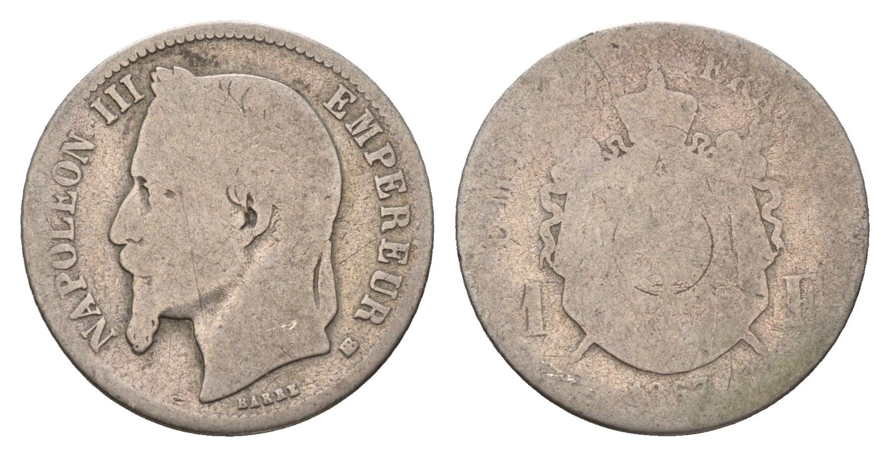 Франция 1 франк 1867 BB, Наполеон III (1852-1870) KM 866.2 серебро 51-1725