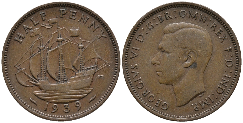 Великобритания 1/2 пенни 1939 Георг VI (1936-1952) KM 844, Spink 4115 бронза 34-1025