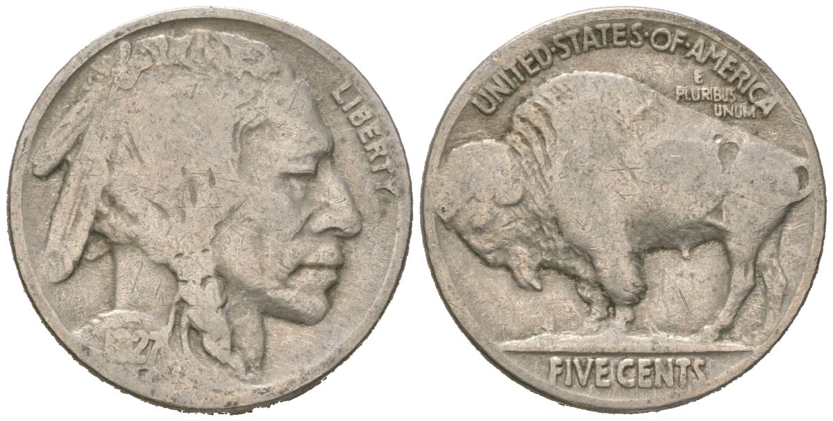 США 5 центов 1927 индеец, бизон KM 134 медно-никель 4614-1117