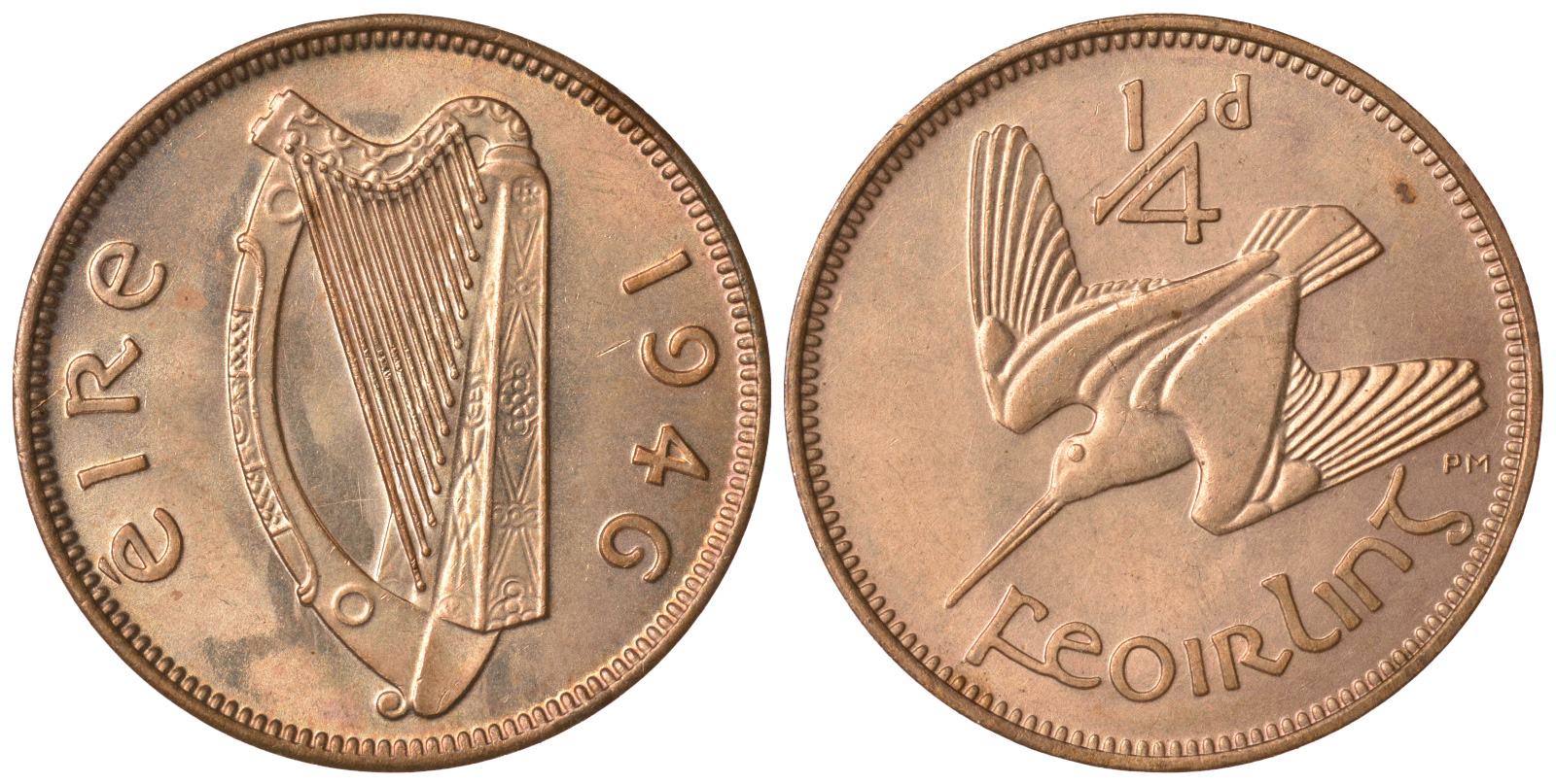 ИРЛАНДИЯ 1 ФАРТИНГ 1946 ВАЛЬДШНЕП KM 9 бронза UNC 4383-1122